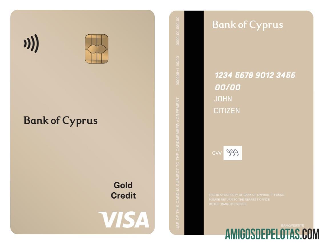 Cartão vertical de crédito Visa Gold do Banco de Chipre exemplo